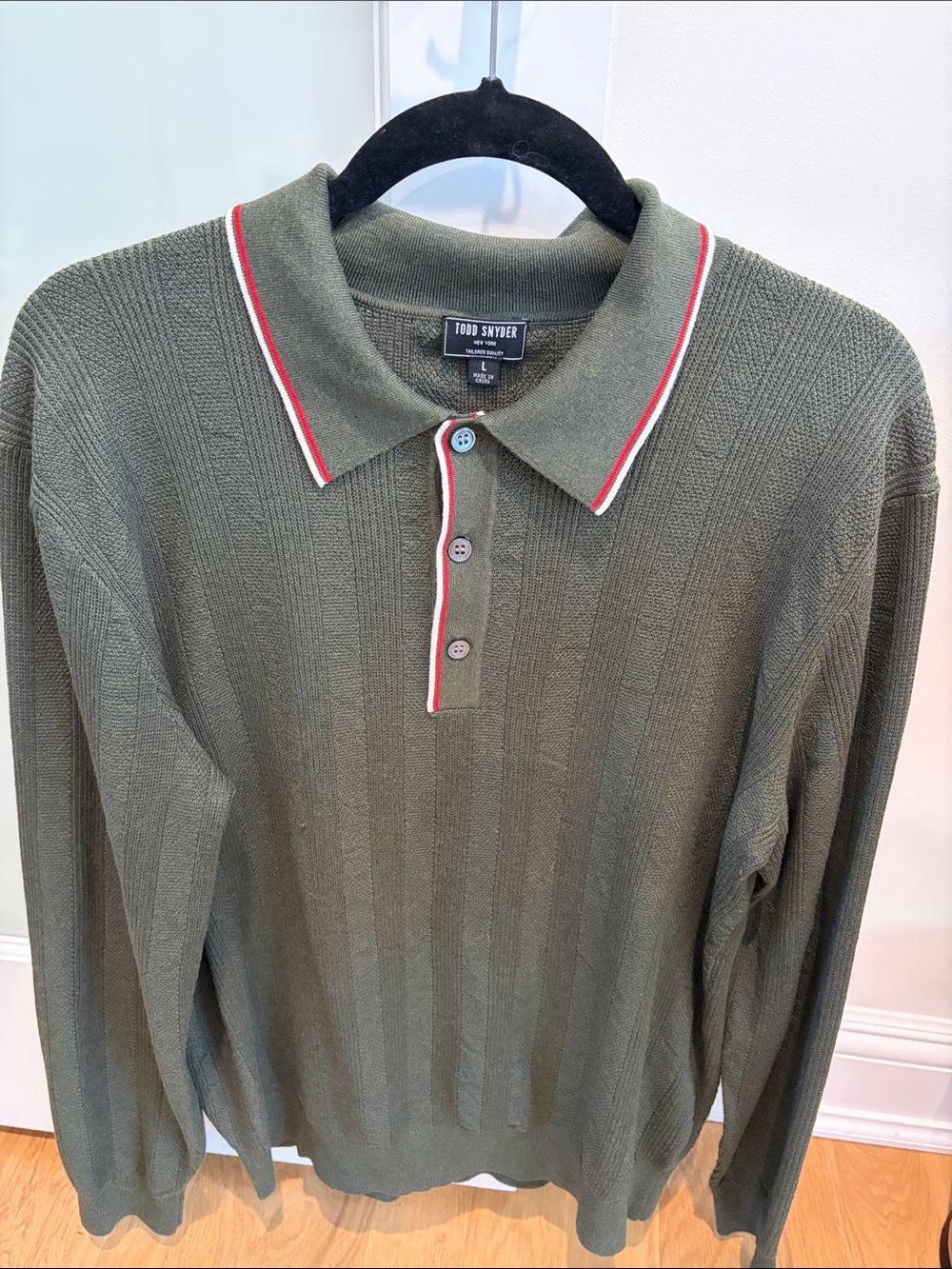Todd Snyder Olive Green Long Sleeve Polo with Red & White Tipping